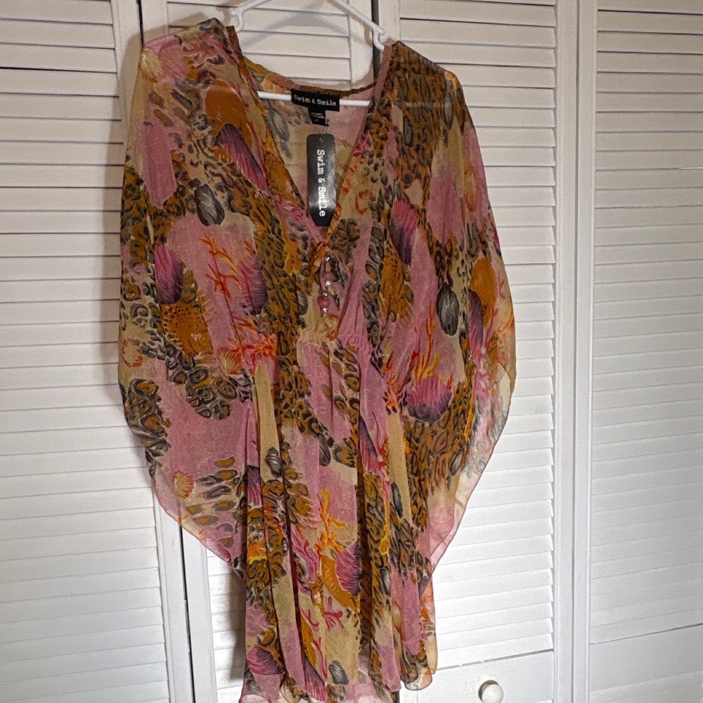 Swim & Smile Pink Coral Sea Shell Animal Print Kaftan Cover Up XL SW-01